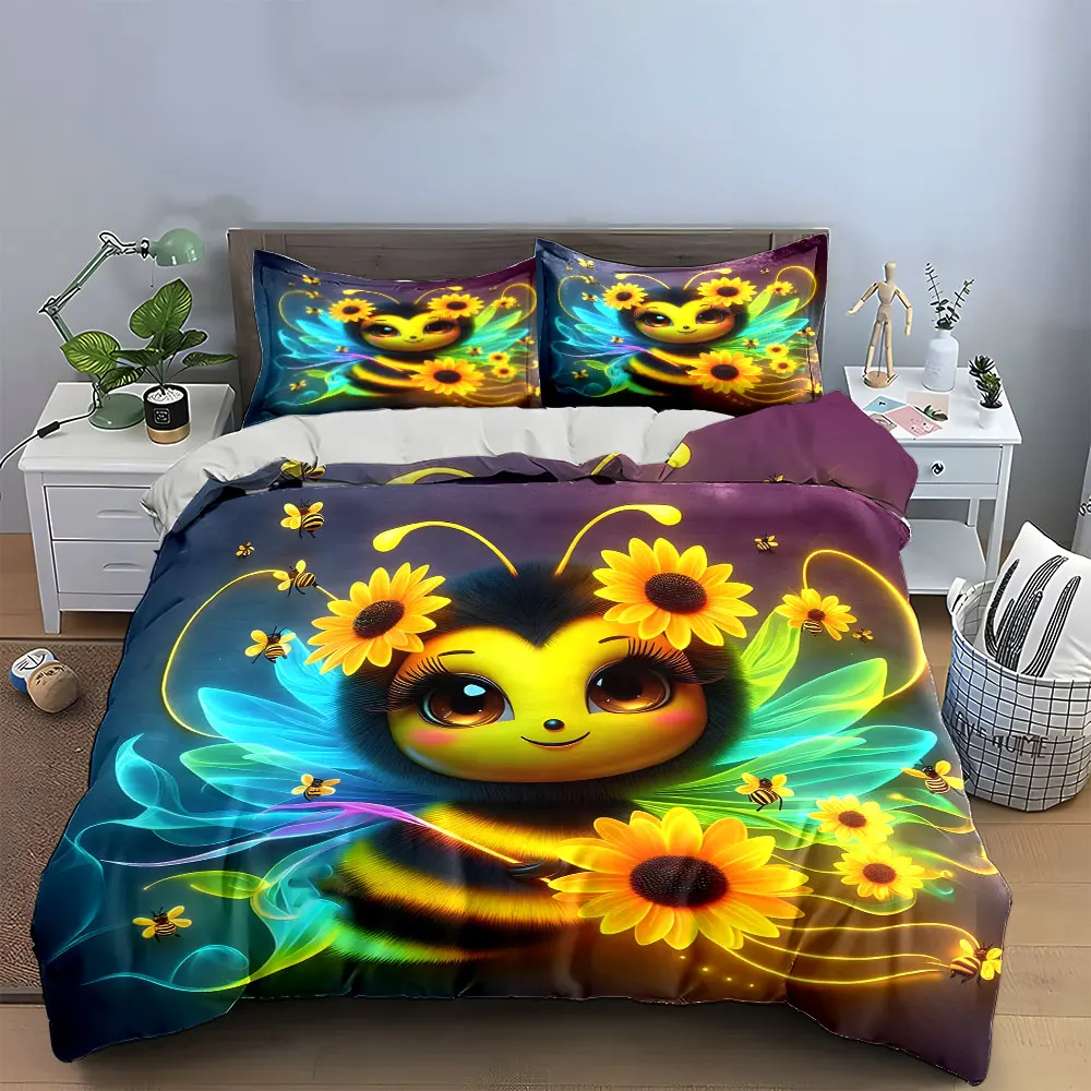 3Pcs Glowing Bee Bedding Set, Cute Neon Bee with Sunflowers Print Duvet Cover + 2 Pillowcases, Whimsical Kids Decor
3Pcs Glowing Bee Bedding Set, Cute Neon Bee with Sunflowers Print Duvet Cover + 2 Pillowcases, Whimsical Kids Decor