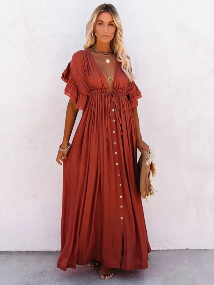 Women's Sexy Deep V-neck Dresses Butterfly Sleeve Self Belted High Waist Button Front Open Summer Beach Dress Beachwear Vestidos
Women's Sexy Deep V-neck Dresses Butterfly Sleeve Self Belted High Waist Button Front Open Summer Beach Dress Beachwear Vestidos