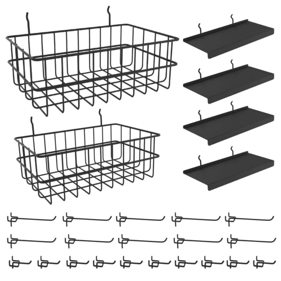 26PCS Peg Board Organizer Accessories Kit Assortment 2PCS Wire Baskets 4PCS Shelves 20PCS Hooks for 1/4" and 3/16" Pegboards Pe
26PCS Peg Board Organizer Accessories Kit Assortment 2PCS Wire Baskets 4PCS Shelves 20PCS Hooks for 1/4" and 3/16" Pegboards Pe