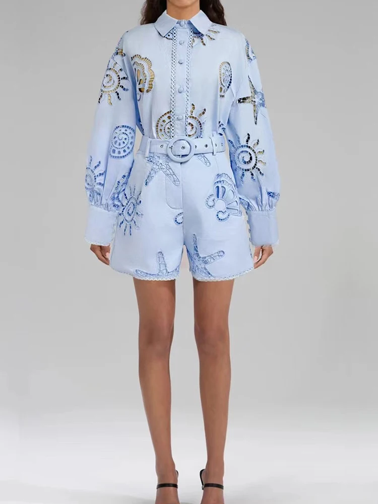 Retro hollow lapel single-breasted long-sleeved shirt Spring new two-piece high waist wide-leg shorts fashion women's suit
Retro hollow lapel single-breasted long-sleeved shirt Spring new two-piece high waist wide-leg shorts fashion women's suit