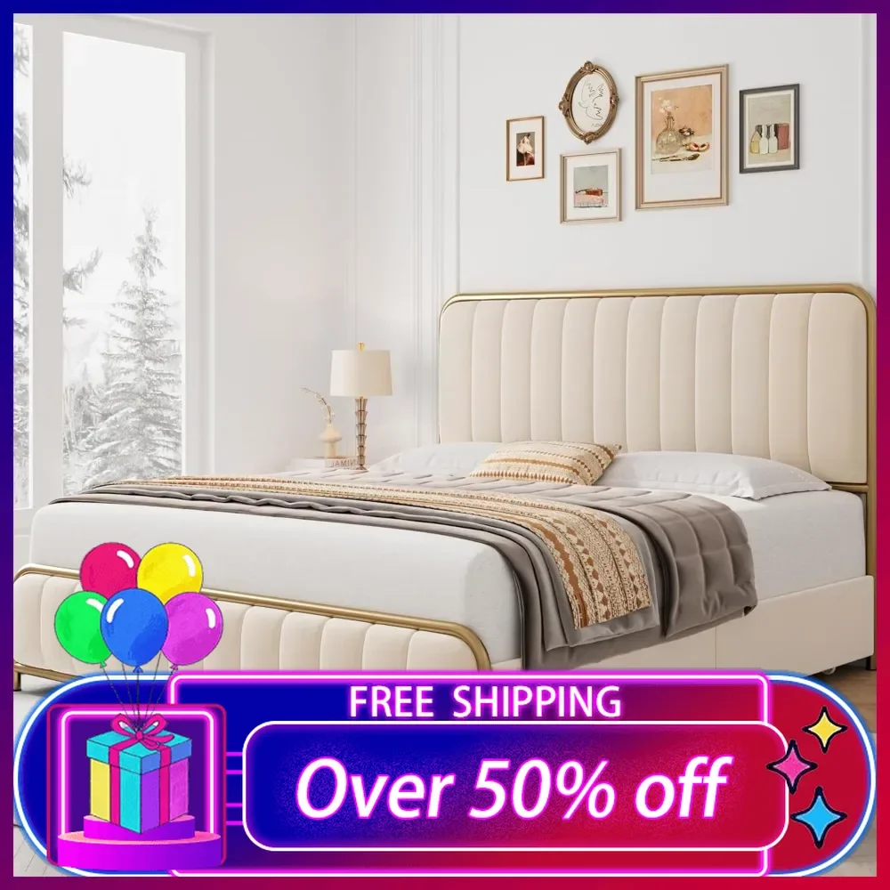 Upholstered Queen Size Bed Frame with 4 Storage Drawers and Headboard, Heavy Duty Metal Mattress Foundation with Wooden Slats
Upholstered Queen Size Bed Frame with 4 Storage Drawers and Headboard, Heavy Duty Metal Mattress Foundation with Wooden Slats