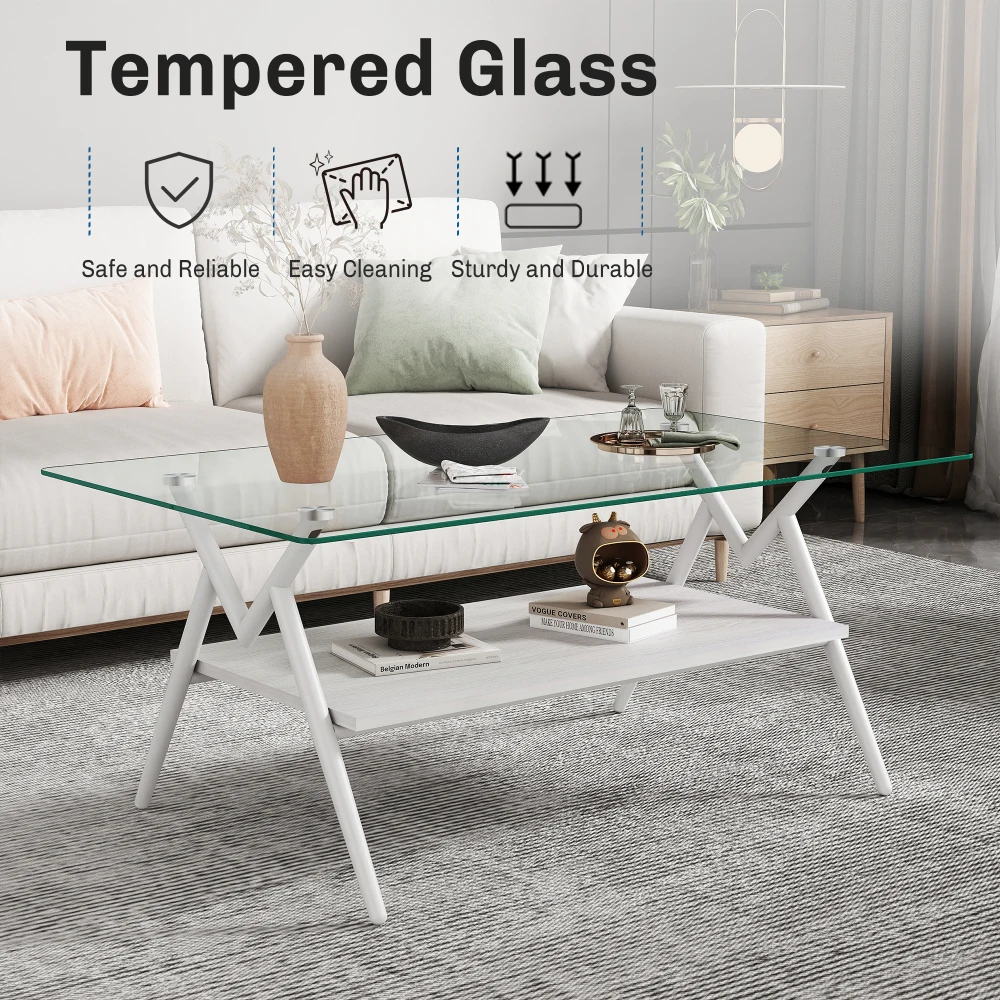 Rectangle Coffee Table with Tempered Glass top and White Metal Legs, Modern Table for Living Room, Transparent Glass
Rectangle Coffee Table with Tempered Glass top and White Metal Legs, Modern Table for Living Room, Transparent Glass