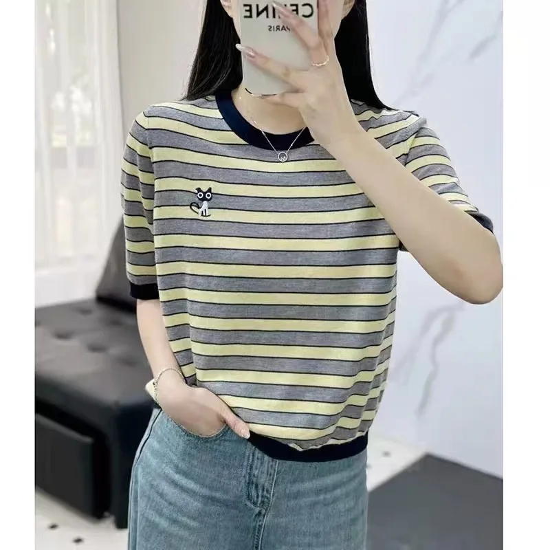 Summer Thin Striped Short Sleeve Elastic Slim Top Tee Women Fashion Commute Kitten Embroidery O-neck T-shirt
Summer Thin Striped Short Sleeve Elastic Slim Top Tee Women Fashion Commute Kitten Embroidery O-neck T-shirt