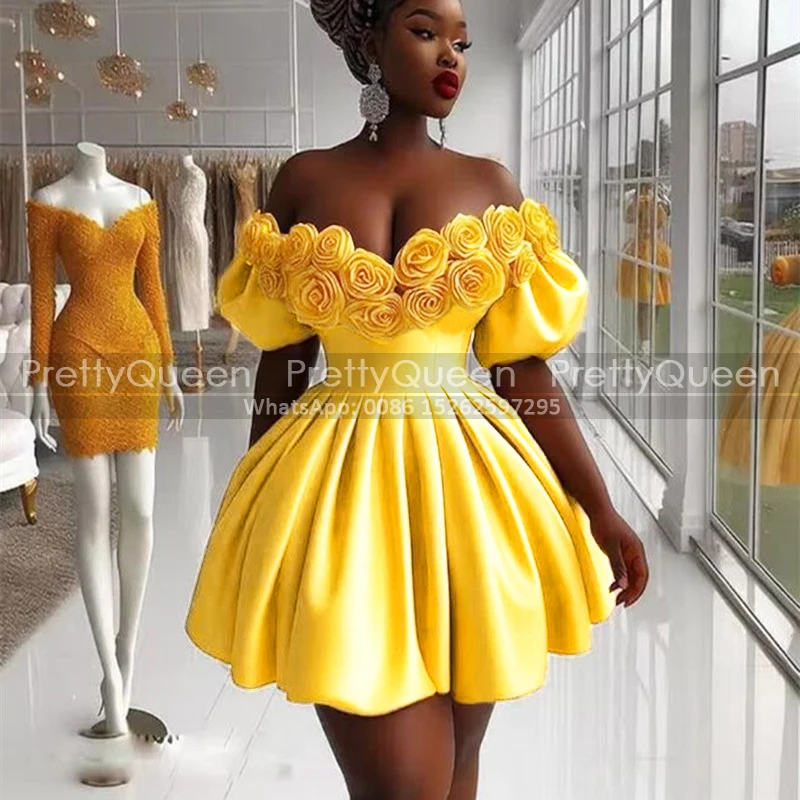 Off Shoulder Short Prom Dresses With Puff Sleeves Handmade Flowers Customized A Line Gold Yellow Mini Birthday Party Dress
Off Shoulder Short Prom Dresses With Puff Sleeves Handmade Flowers Customized A Line Gold Yellow Mini Birthday Party Dress