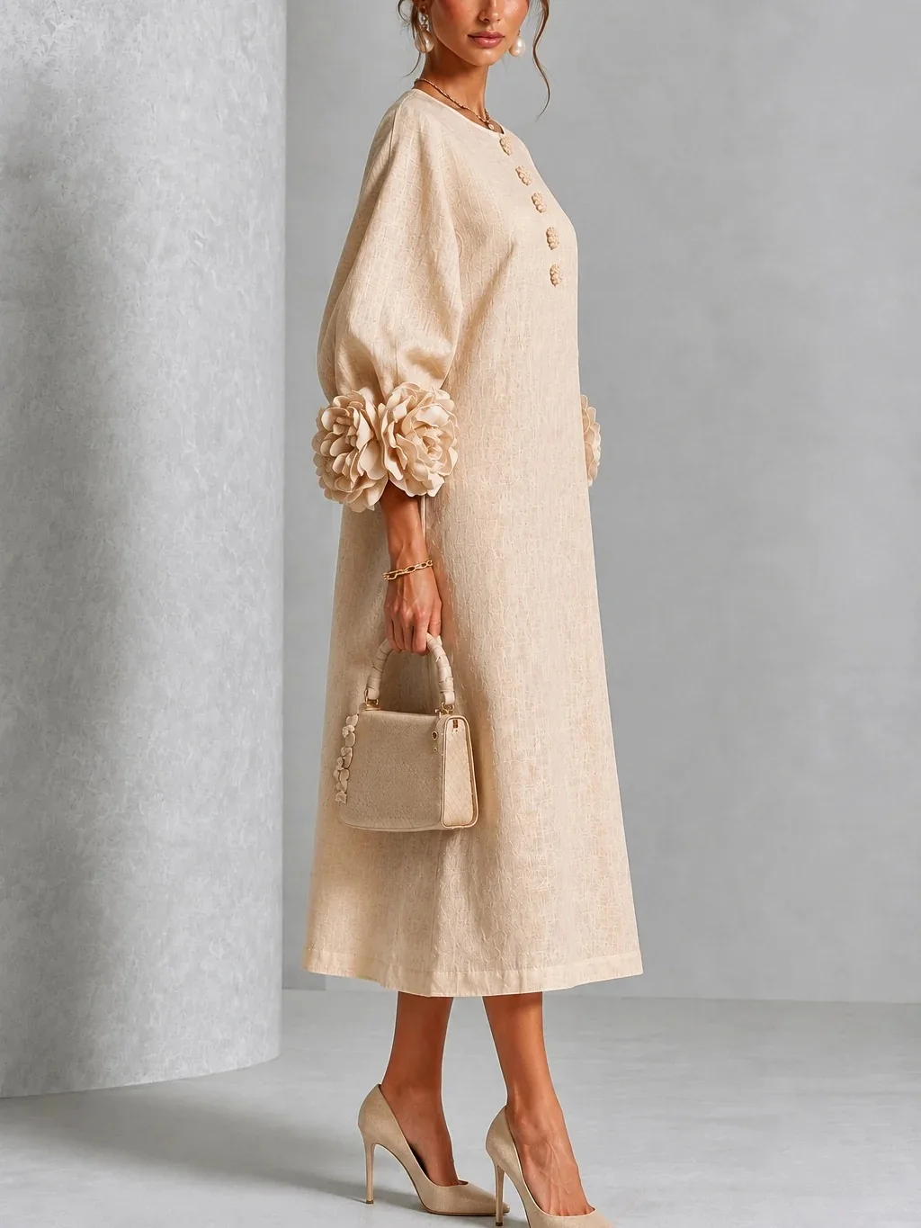 Elegant Women Linen Midi Dress O Neck 3D Floral Lantern Sleeve Button Loose Straight Long Dress Modest Casual Party Dresses 71 S0c739e6919f244f6b29e7cf8bd3f37755