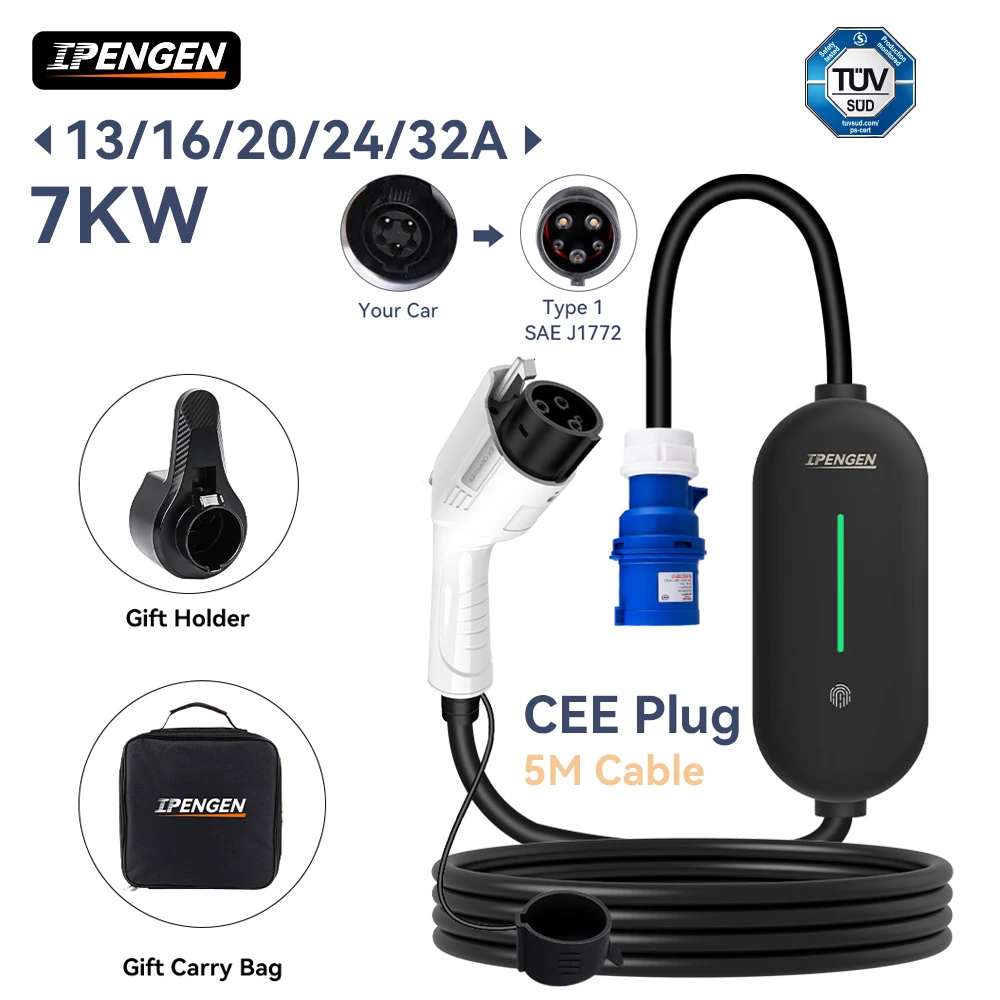 IPENGEN TUV Portable EV Charger 7KW 32A 1Phase Type1 SAE J1772 Car Charging 5M Length Charger Safety for Electric Vehicle
IPENGEN TUV Portable EV Charger 7KW 32A 1Phase Type1 SAE J1772 Car Charging 5M Length Charger Safety for Electric Vehicle