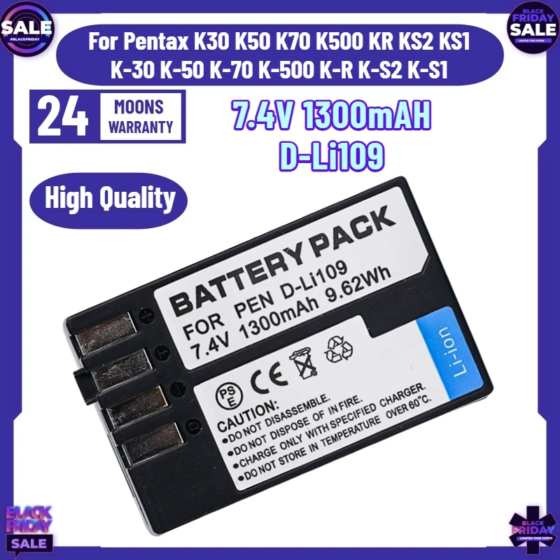 7.4V 1300mAH Camera Battery D-Li109 for Pentax K30 K50 K70 K500 KR KS2 KS1 K-30 K-50 K-70 K-500 K-R K-S2 K-S1
7.4V 1300mAH Camera Battery D-Li109 for Pentax K30 K50 K70 K500 KR KS2 KS1 K-30 K-50 K-70 K-500 K-R K-S2 K-S1