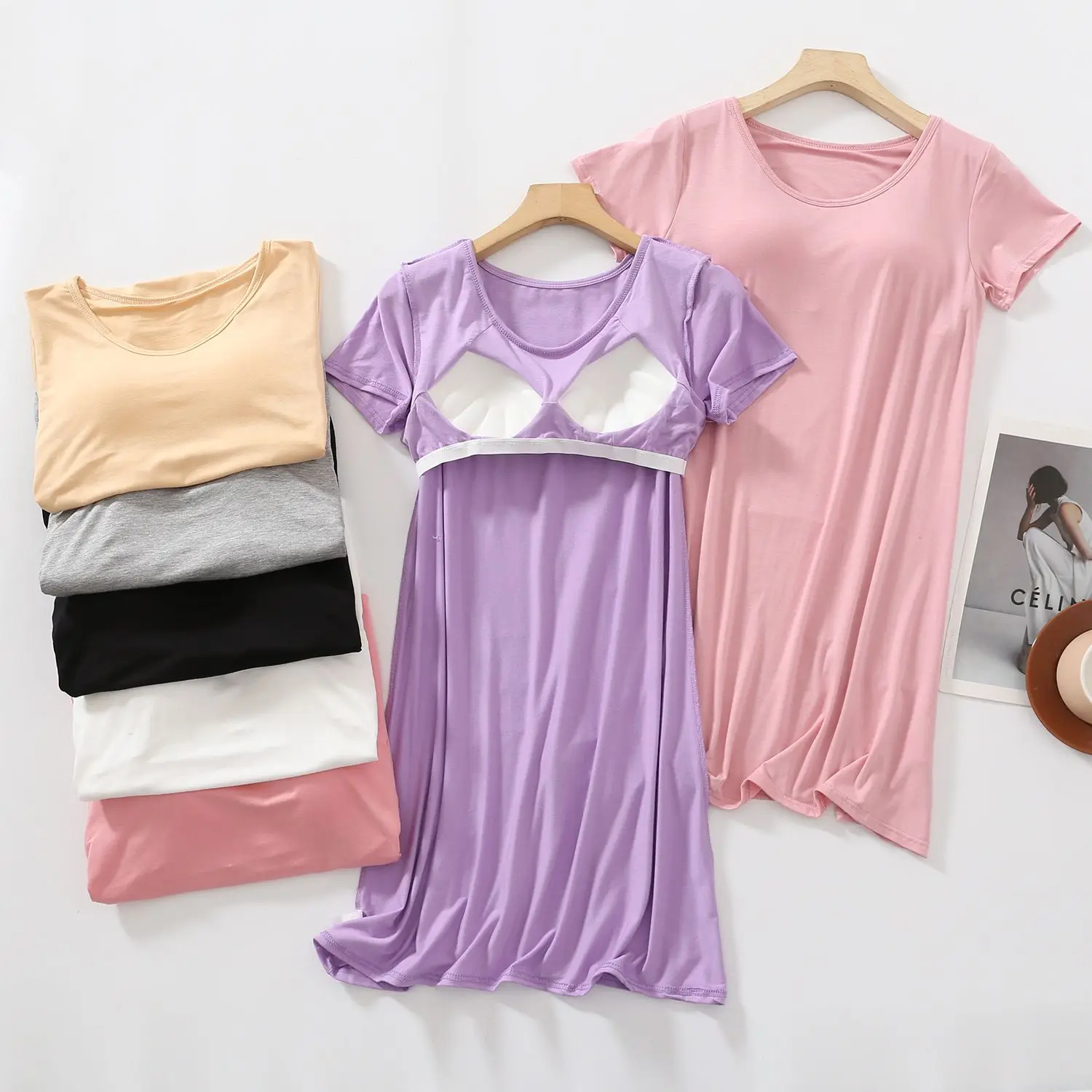 Chest Pad Long Shirt Women Summer Short-sleeved Pajamas Thin Modal Nightdress Tops Tees
Chest Pad Long Shirt Women Summer Short-sleeved Pajamas Thin Modal Nightdress Tops Tees