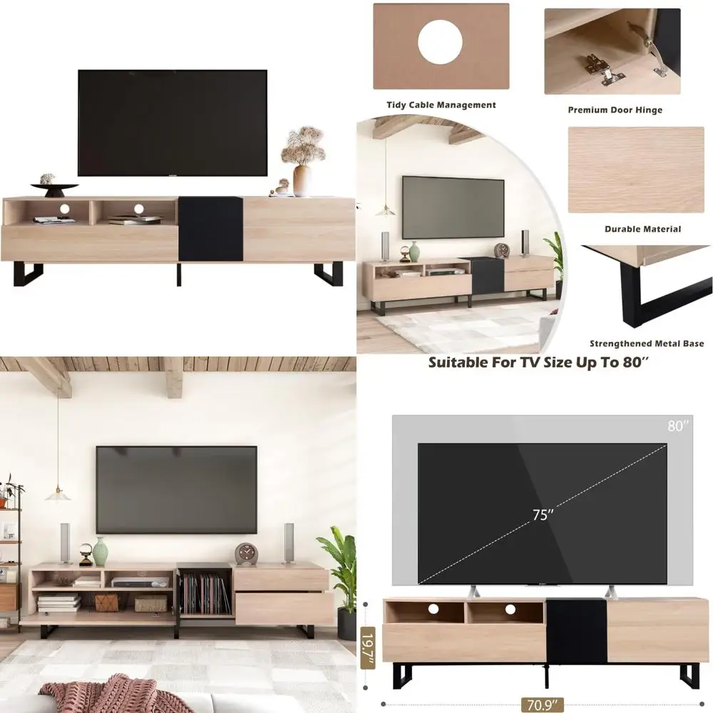 Contemporary TV Stand with Storage Cabinets, Drawers and Open Shelves for TVs up to 80, Wooden Entertainment Center for Living R
Contemporary TV Stand with Storage Cabinets, Drawers and Open Shelves for TVs up to 80, Wooden Entertainment Center for Living R