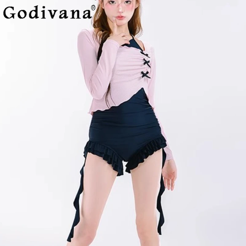 Japanese Sweet Pink Bow Lace-up Long Sleeve Blouse Girl Summer Ruffles Sexy Seaside Triangle One-piece Swimsuit Two-piece Set
Japanese Sweet Pink Bow Lace-up Long Sleeve Blouse Girl Summer Ruffles Sexy Seaside Triangle One-piece Swimsuit Two-piece Set