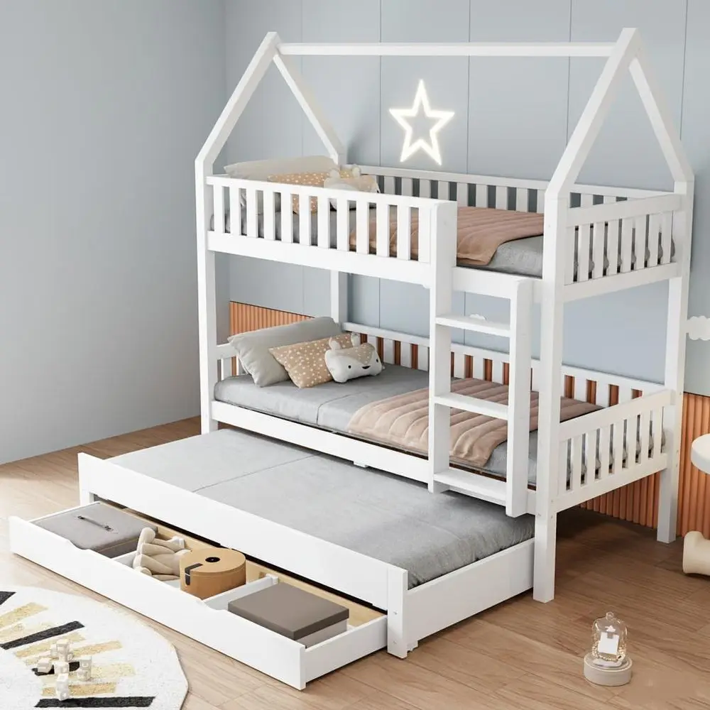 Twin Bunk Bed with Trundle and Drawers, Solid Wood Playhouse Kids Bed with Ladder and Safety Rails, White
Twin Bunk Bed with Trundle and Drawers, Solid Wood Playhouse Kids Bed with Ladder and Safety Rails, White