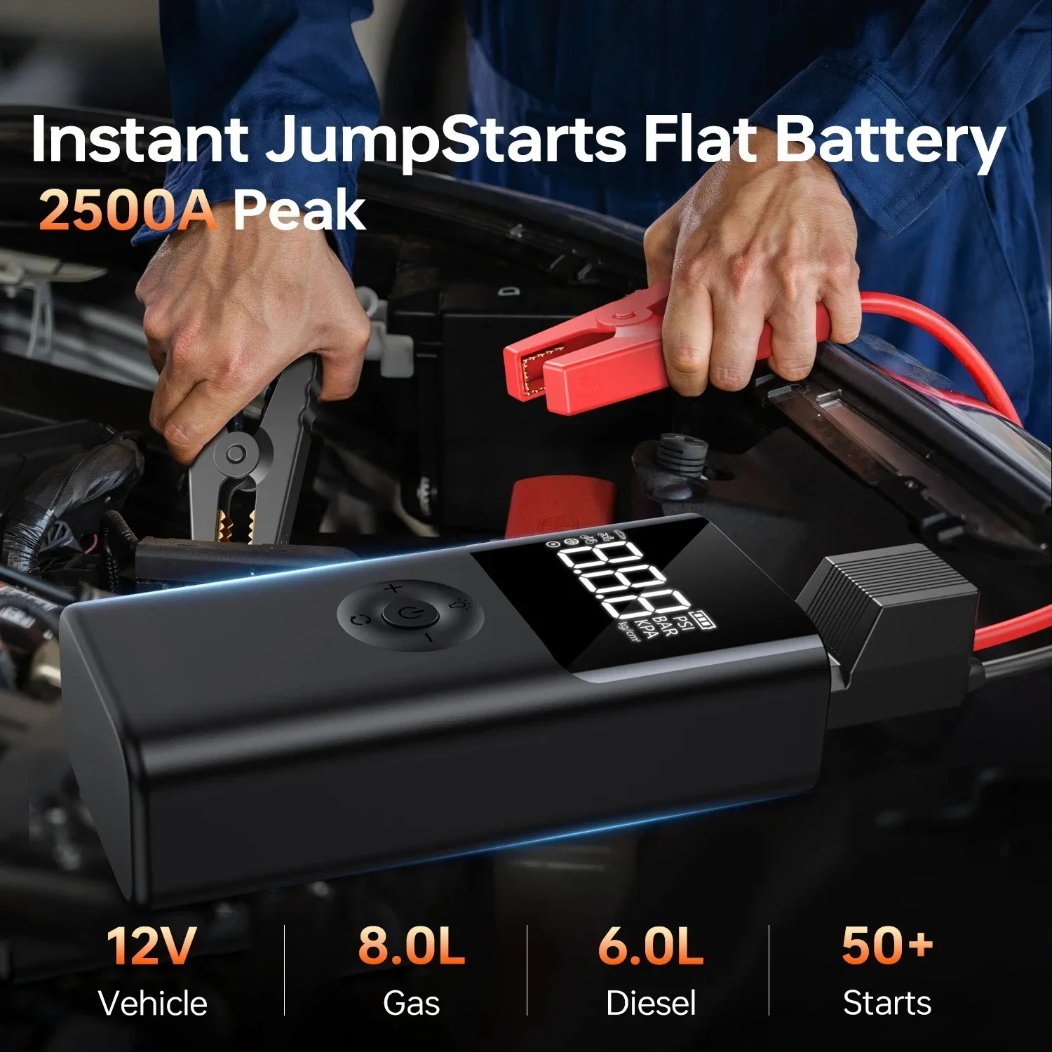 4-in-1 Portable Jump Starter 2500A Powerful 12V Car Battery Booster with 150PSI Air Pump And Power Bank Emergency Starter Powerb
4-in-1 Portable Jump Starter 2500A Powerful 12V Car Battery Booster with 150PSI Air Pump And Power Bank Emergency Starter Powerb