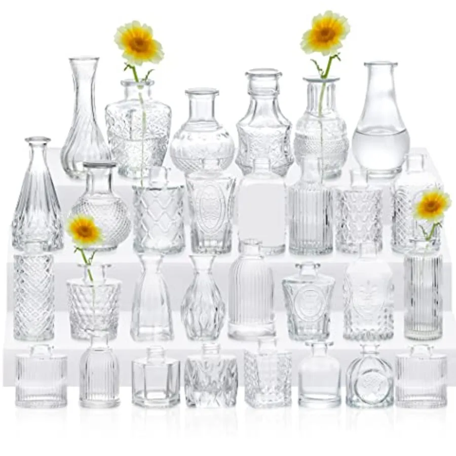 30 Pack Bud Vases for Flowers, Clear Glass Bud Vases in Bulk, Small Assorted Vintage Vases for Wedding Centerpieces, Rustic Tab
30 Pack Bud Vases for Flowers, Clear Glass Bud Vases in Bulk, Small Assorted Vintage Vases for Wedding Centerpieces, Rustic Tab