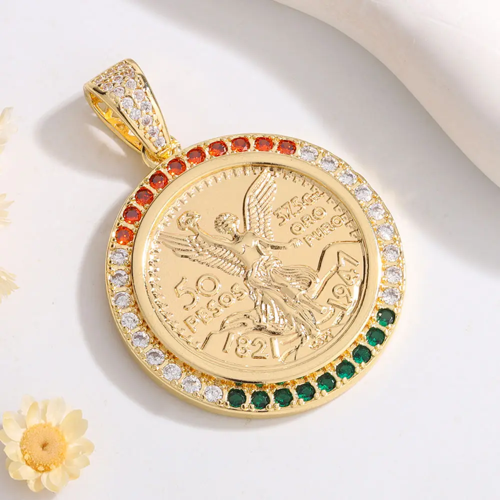 Luck Fashion Hip-hop Mexican Statue of Liberty 50 Peso Gold Coin Zircon Personality Necklace Pendant Suitable for Party Gifts
Luck Fashion Hip-hop Mexican Statue of Liberty 50 Peso Gold Coin Zircon Personality Necklace Pendant Suitable for Party Gifts