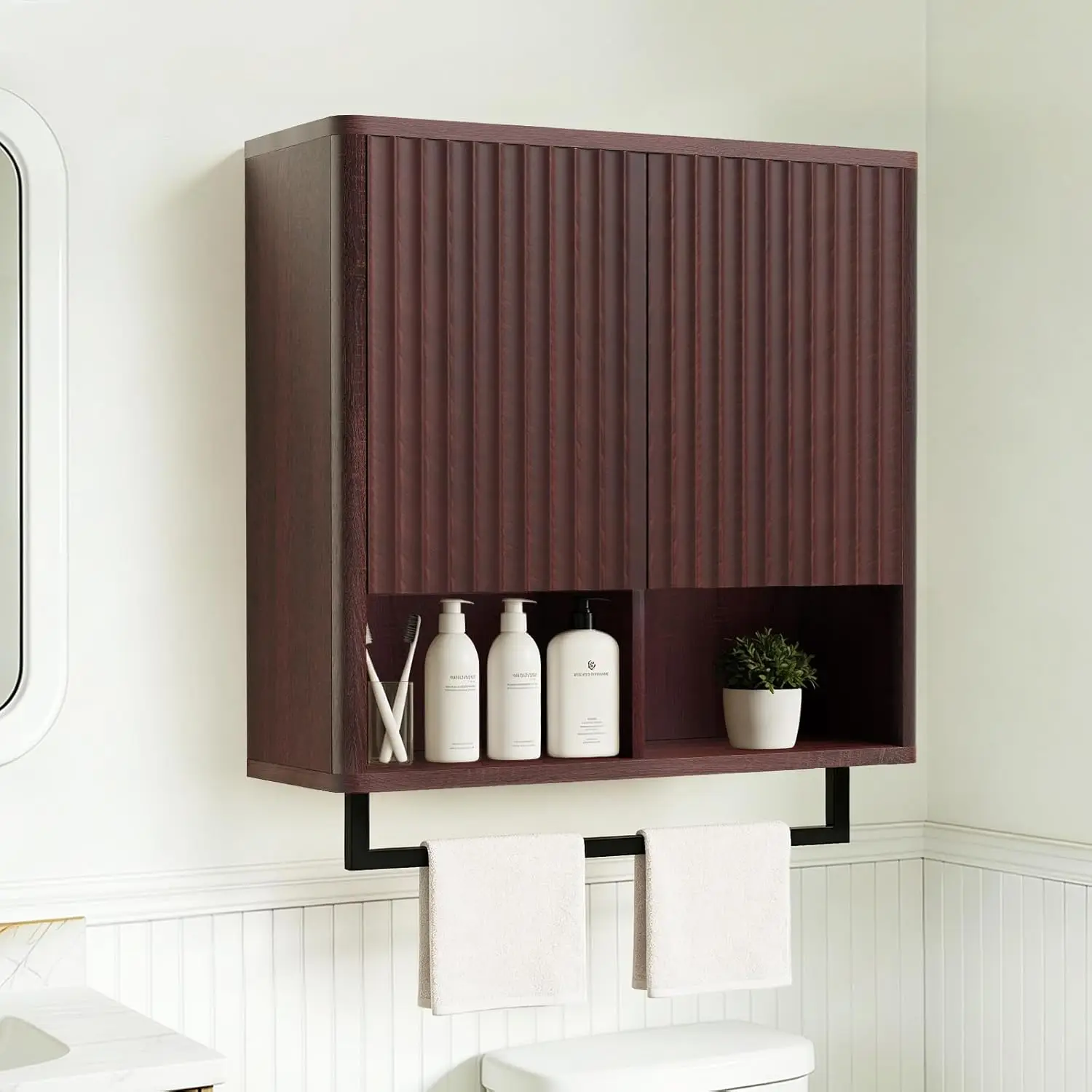 2-Door Wall Mount Storage Cabinet Over Toilet with Hidden Storage & Open Shelves Towel Bar White 22in, Customized
2-Door Wall Mount Storage Cabinet Over Toilet with Hidden Storage & Open Shelves Towel Bar White 22in, Customized