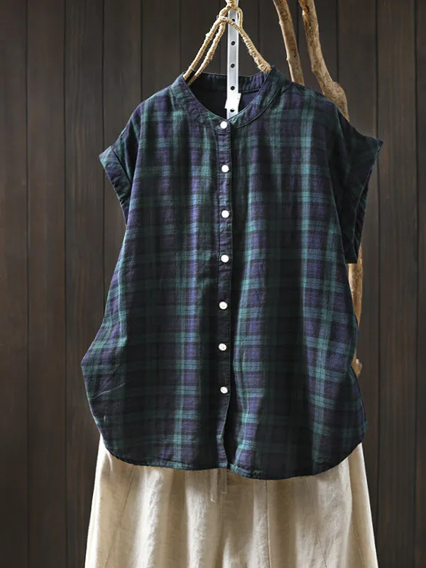 Loose Casual Plaid Sleeveless Shirt Stand Collar Fly Sleeve Button Detail Large Size Women's Summer New Style Artistic Fashion
Loose Casual Plaid Sleeveless Shirt Stand Collar Fly Sleeve Button Detail Large Size Women's Summer New Style Artistic Fashion