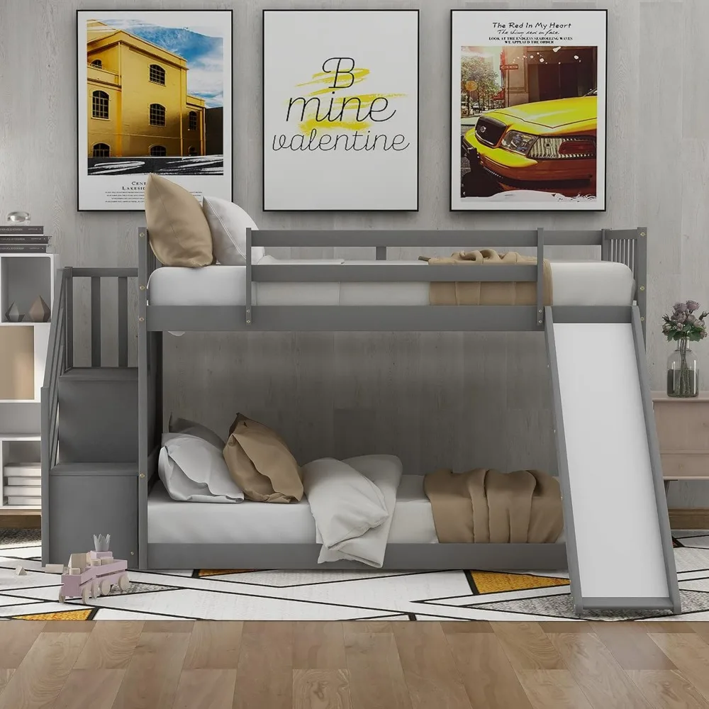 SOFTSEA Kid's Low Bunk Bed with Slide Kids Twin Over Twin Bunk Bed with Stairs, Gray
SOFTSEA Kid's Low Bunk Bed with Slide Kids Twin Over Twin Bunk Bed with Stairs, Gray