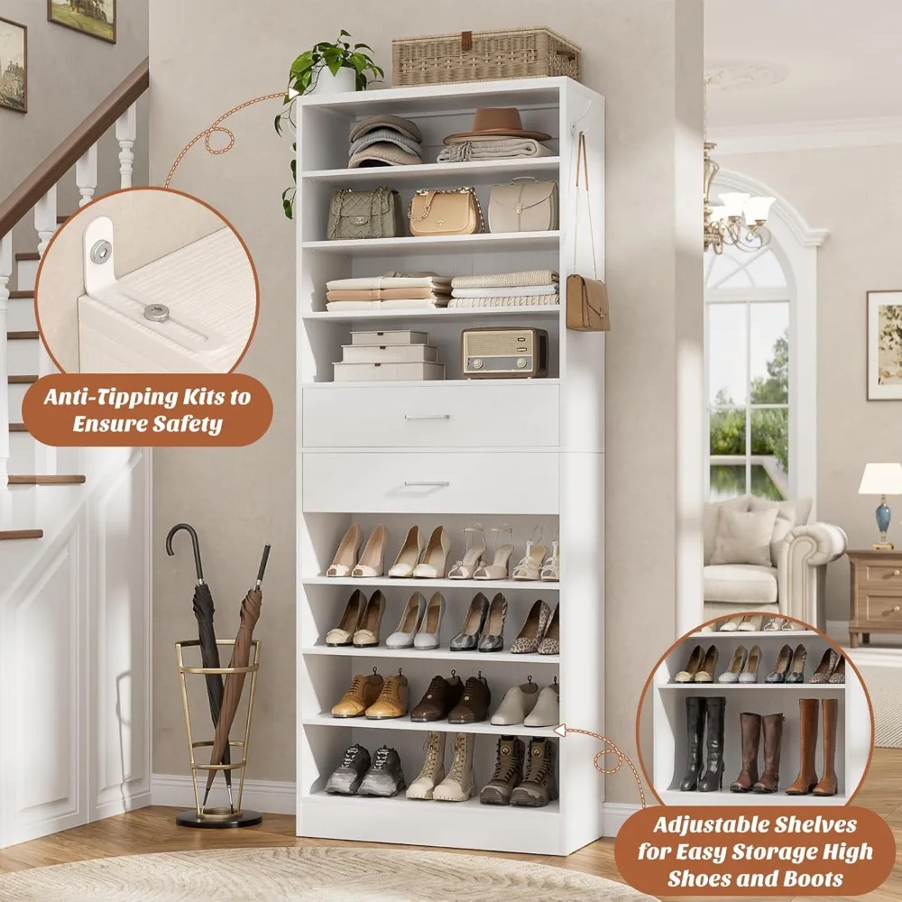 10 Tiers Wood Shoe Rack, Vertical Shoe Storage Organizer with 2 Drawers, Narrow Shoe Shelf Tower, Customized
10 Tiers Wood Shoe Rack, Vertical Shoe Storage Organizer with 2 Drawers, Narrow Shoe Shelf Tower, Customized