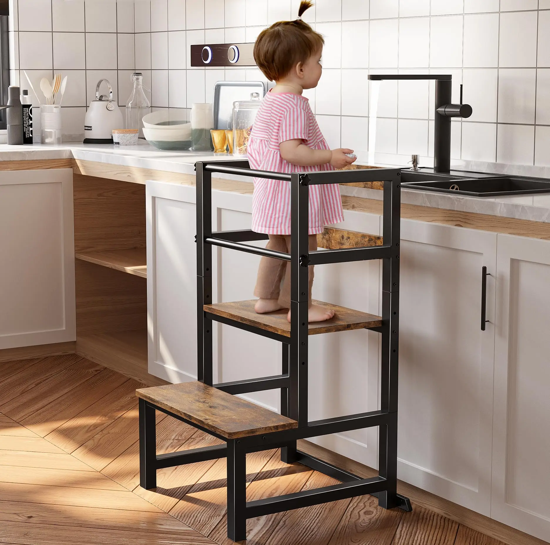Toddler Kitchen Step Stool, Adjustable Height Learning Tower with Safety Rail, Steel & Wood Kitchen Stool for Kids, Toddler Help
Toddler Kitchen Step Stool, Adjustable Height Learning Tower with Safety Rail, Steel & Wood Kitchen Stool for Kids, Toddler Help