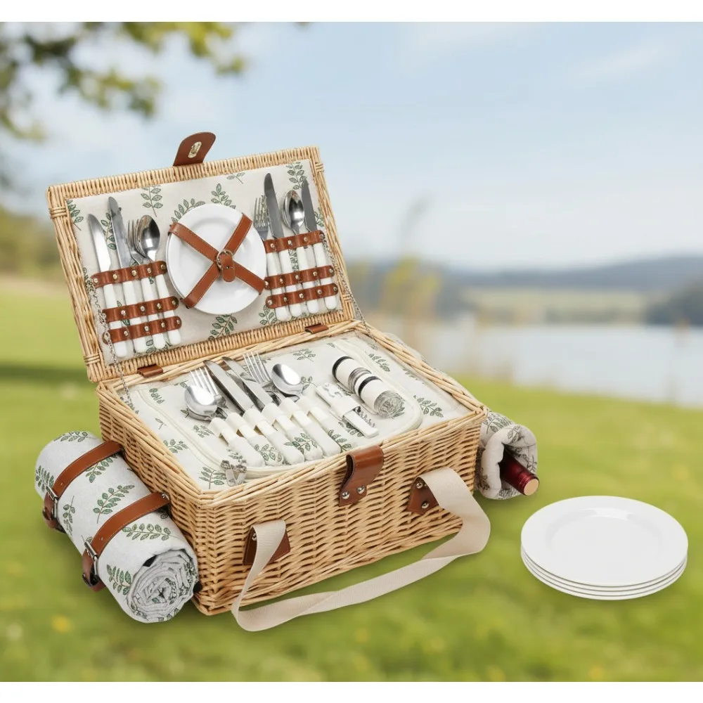 4-Person Handmade Wicker Picnic Set with Folding Table, Waterproof Blanket & Wine Bag for Outdoor Camping Holidays
4-Person Handmade Wicker Picnic Set with Folding Table, Waterproof Blanket & Wine Bag for Outdoor Camping Holidays