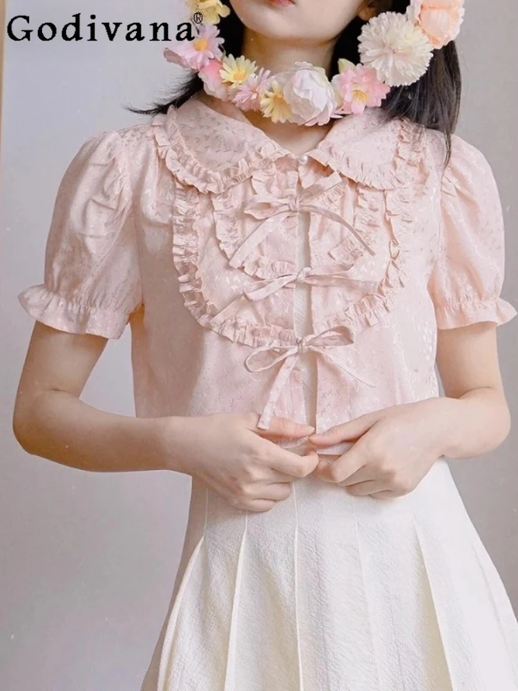 Sweet Lolita Girl Heart Shape Jacquard Cute Bow Short Sleeve Shirt Summer Peter Pan Collar Versatile Age-reducing Lace-up Top
Sweet Lolita Girl Heart Shape Jacquard Cute Bow Short Sleeve Shirt Summer Peter Pan Collar Versatile Age-reducing Lace-up Top