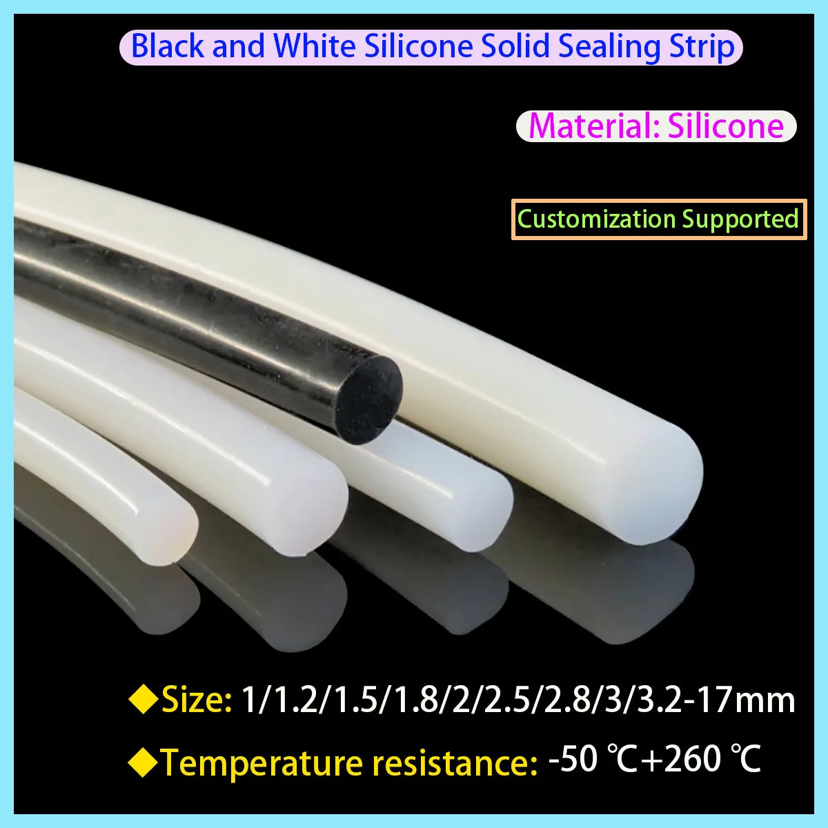 White Black Solid Silicone Sealing Strip with A Diameter of 1/1.2/1.5/1.8/2/2.5/2.8/3/3.2-17mm
White Black Solid Silicone Sealing Strip with A Diameter of 1/1.2/1.5/1.8/2/2.5/2.8/3/3.2-17mm