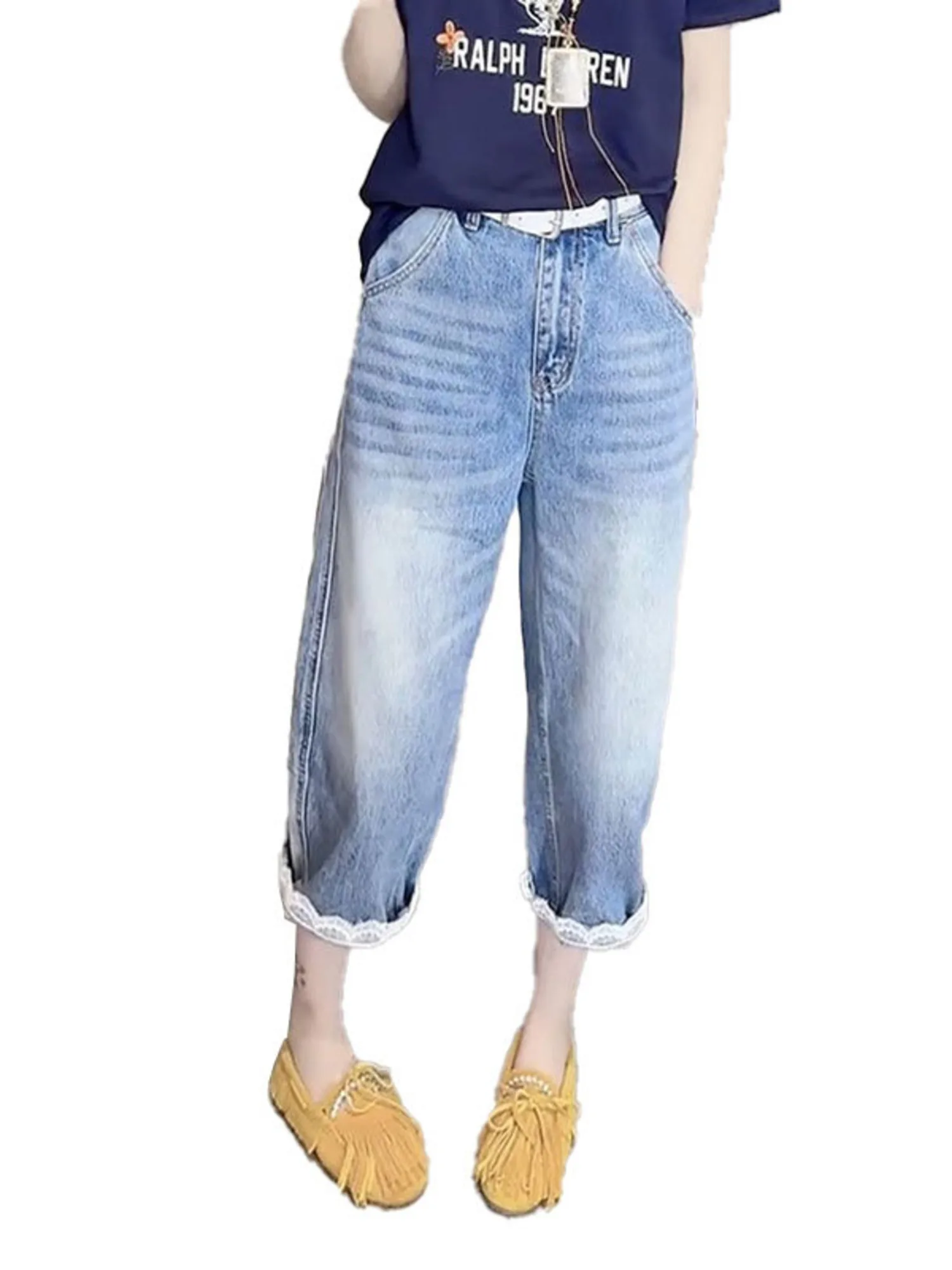 Women's Vintage Washed Wide Leg Cropped Jeans Lace Trim Cuffed Hem Carrot Fit Denim Ankle Pants
Women's Vintage Washed Wide Leg Cropped Jeans Lace Trim Cuffed Hem Carrot Fit Denim Ankle Pants