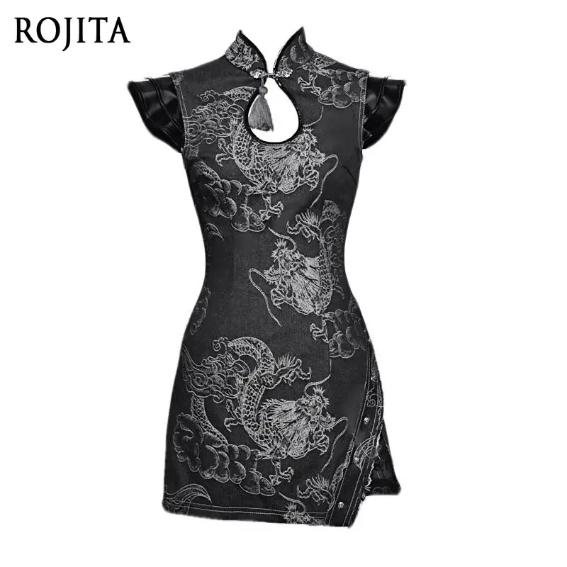 Black Dragon Print Mini Qipao Dress Women Stand Collar Cutout Tassel Ruffle Cap Sleeve High Slit Bodycon Cheongsam
Black Dragon Print Mini Qipao Dress Women Stand Collar Cutout Tassel Ruffle Cap Sleeve High Slit Bodycon Cheongsam