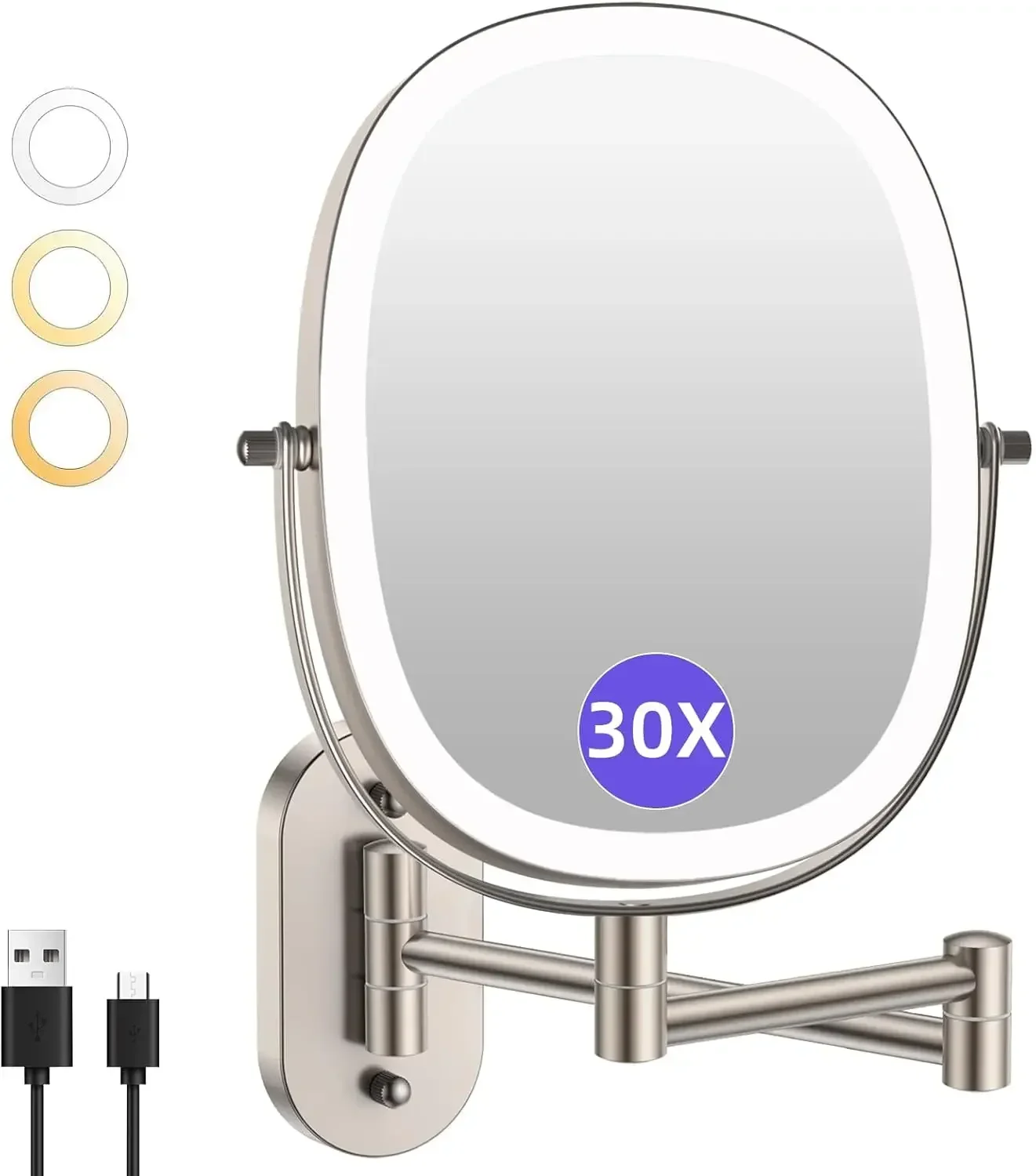 30X/1X Wall Mounted Lighted Makeup Mirror,5000mAh Rechargeable Double Sided Magnifying Bathroom Lighted Mirror, 3 Color Modes To
30X/1X Wall Mounted Lighted Makeup Mirror,5000mAh Rechargeable Double Sided Magnifying Bathroom Lighted Mirror, 3 Color Modes To