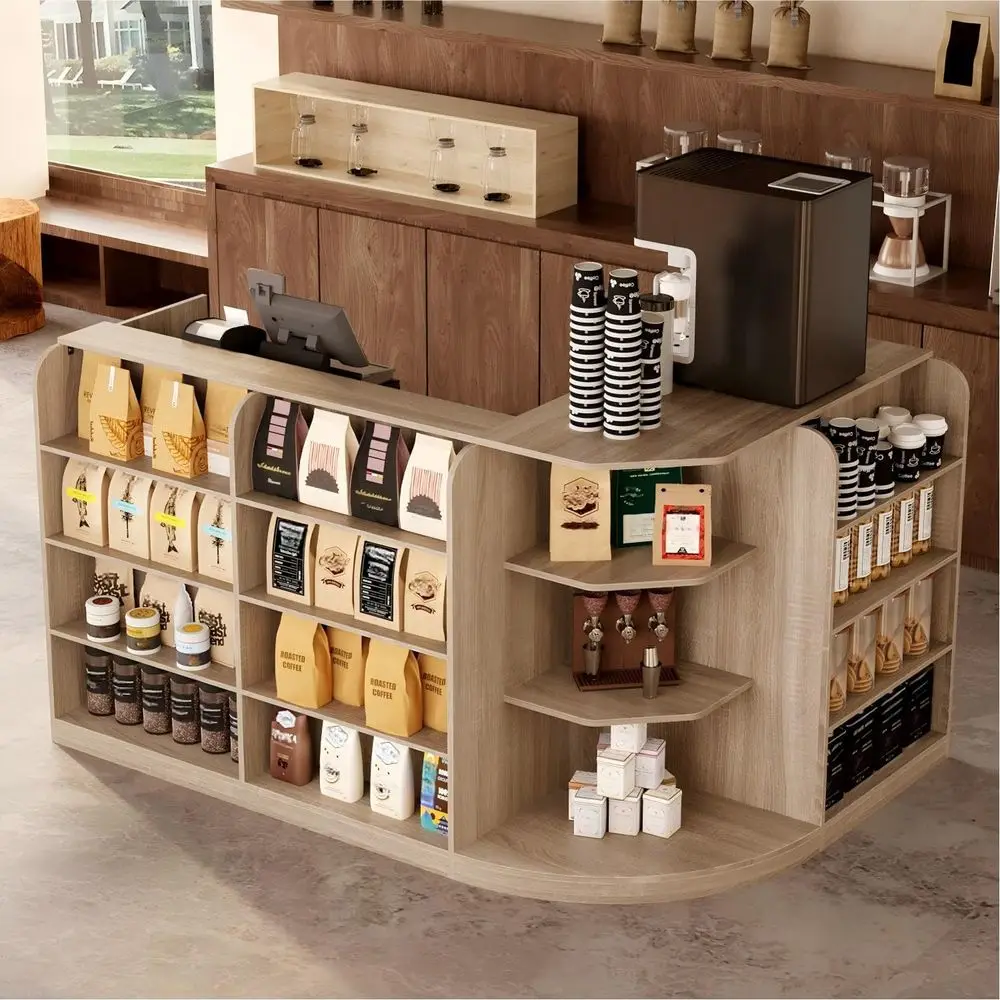 L-Shaped Front Desk with 3 Drawers and Display Shelves, Retail Checkout Counter, Brown
L-Shaped Front Desk with 3 Drawers and Display Shelves, Retail Checkout Counter, Brown
