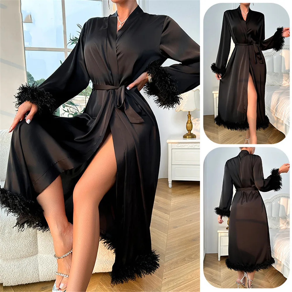 Black Plush Trim Satin Robe Spring Summer Long Sleeve Kimono Gown Women Sexy Rayon Home Bathrobe Loungewear
Black Plush Trim Satin Robe Spring Summer Long Sleeve Kimono Gown Women Sexy Rayon Home Bathrobe Loungewear