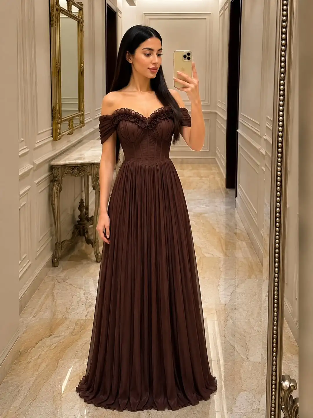 Chocolate Brown Off-Shoulder Maxi Dress with Ruched Bust & Pleated Skirt | Formal Evening Prom Gown
Chocolate Brown Off-Shoulder Maxi Dress with Ruched Bust & Pleated Skirt | Formal Evening Prom Gown