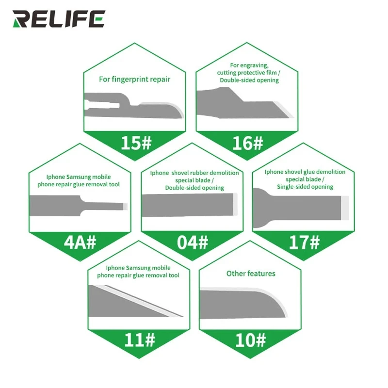 RELIFE-Knife Set for Mobile Phone Mainboard, BGA PCB Chip IC Repair, Degumming Spade, Scraper, RL-101B, 8-in-1
RELIFE-Knife Set for Mobile Phone Mainboard, BGA PCB Chip IC Repair, Degumming Spade, Scraper, RL-101B, 8-in-1
