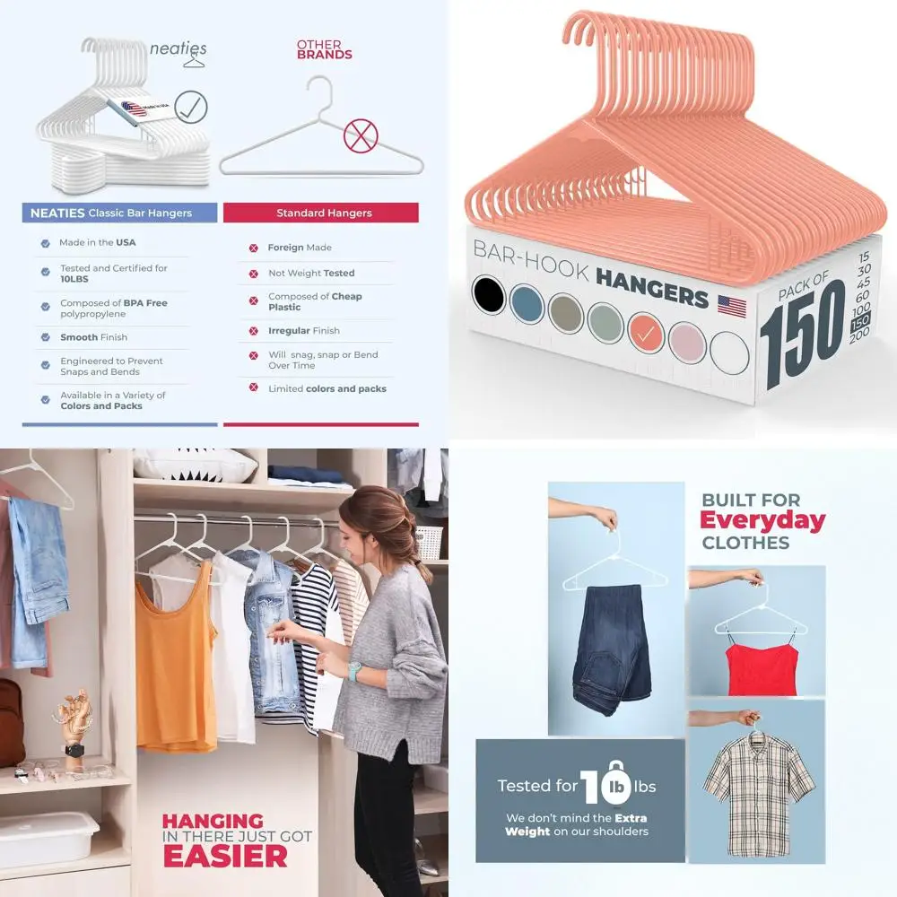 100 Pack USA-Made Plastic Hangers for Clothes, Strap Hooks, Dresses, Lingerie, Shirts, Pants - Peach
100 Pack USA-Made Plastic Hangers for Clothes, Strap Hooks, Dresses, Lingerie, Shirts, Pants - Peach