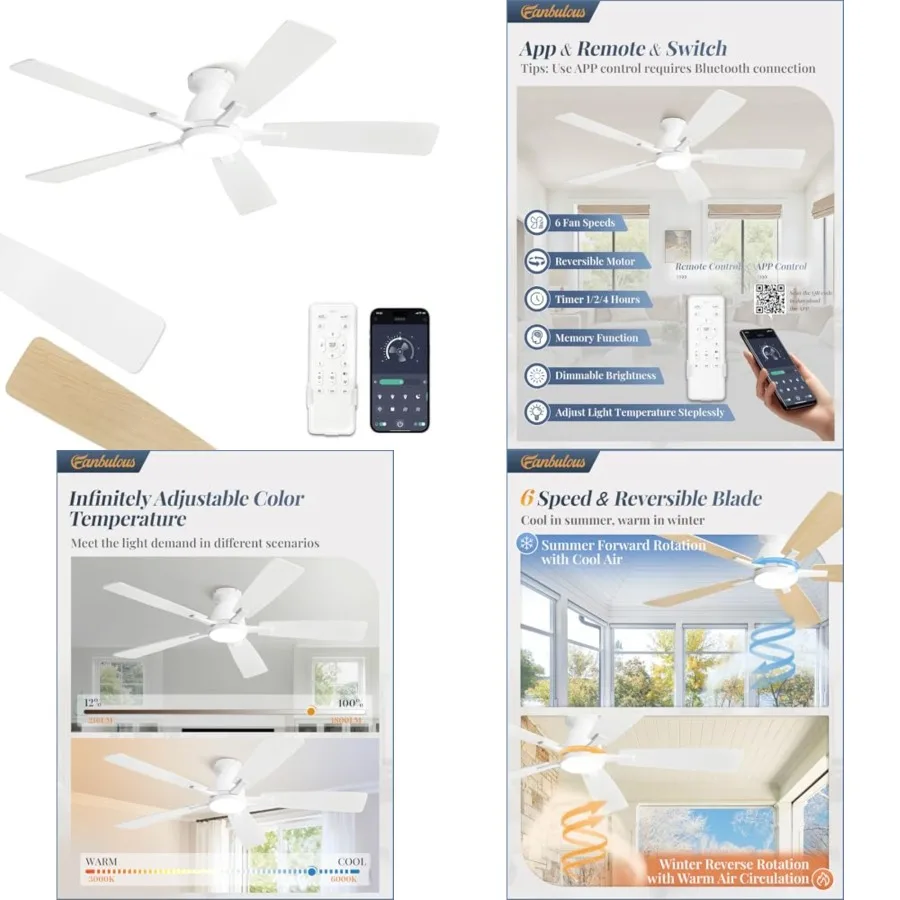 Ceiling Fans with Lights, Smart Flush Mount Ceilg Fan and Remote APP, Modern Low Profile, 3CCT 20W LED with 6-Speeds Quiet Reve
Ceiling Fans with Lights, Smart Flush Mount Ceilg Fan and Remote APP, Modern Low Profile, 3CCT 20W LED with 6-Speeds Quiet Reve