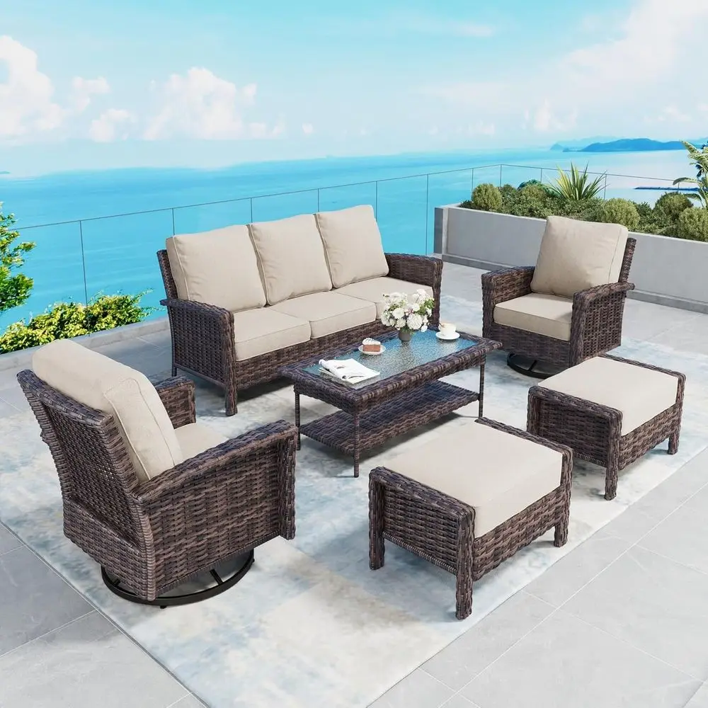 6-Piece Outdoor Wicker Patio Furniture Set with Swivel Chairs, High Back Sofa, Thick Cushions, Coffee Table, and Ottoman, Beige
6-Piece Outdoor Wicker Patio Furniture Set with Swivel Chairs, High Back Sofa, Thick Cushions, Coffee Table, and Ottoman, Beige
