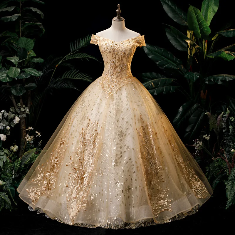New 2023 Golden Evening Dresses Off The Shoulder Elegant Embroidery Ball Gown Appliques Sleeveless Sequined Vestido De Debutante
New 2023 Golden Evening Dresses Off The Shoulder Elegant Embroidery Ball Gown Appliques Sleeveless Sequined Vestido De Debutante