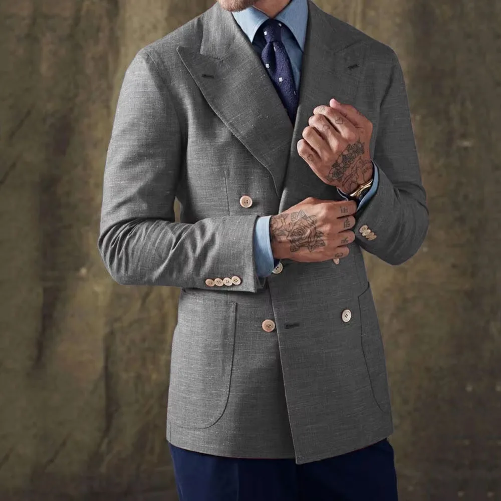 Men‘s Gray Linen Suit Blazer Double Breasted Peak Lapel Slim Fit Lightweight Breathable Summer Formal Jacket For Business Casual
Men‘s Gray Linen Suit Blazer Double Breasted Peak Lapel Slim Fit Lightweight Breathable Summer Formal Jacket For Business Casual
