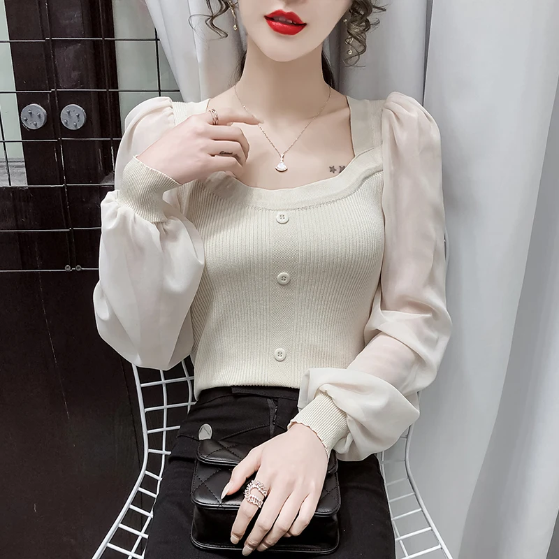Square Neck Spicing Knit Sweaters Women Autumn Winter Tops Buttons Pullover Chiffon Lantern Sleeve Palace Vinatge Sweet Sweater
Square Neck Spicing Knit Sweaters Women Autumn Winter Tops Buttons Pullover Chiffon Lantern Sleeve Palace Vinatge Sweet Sweater