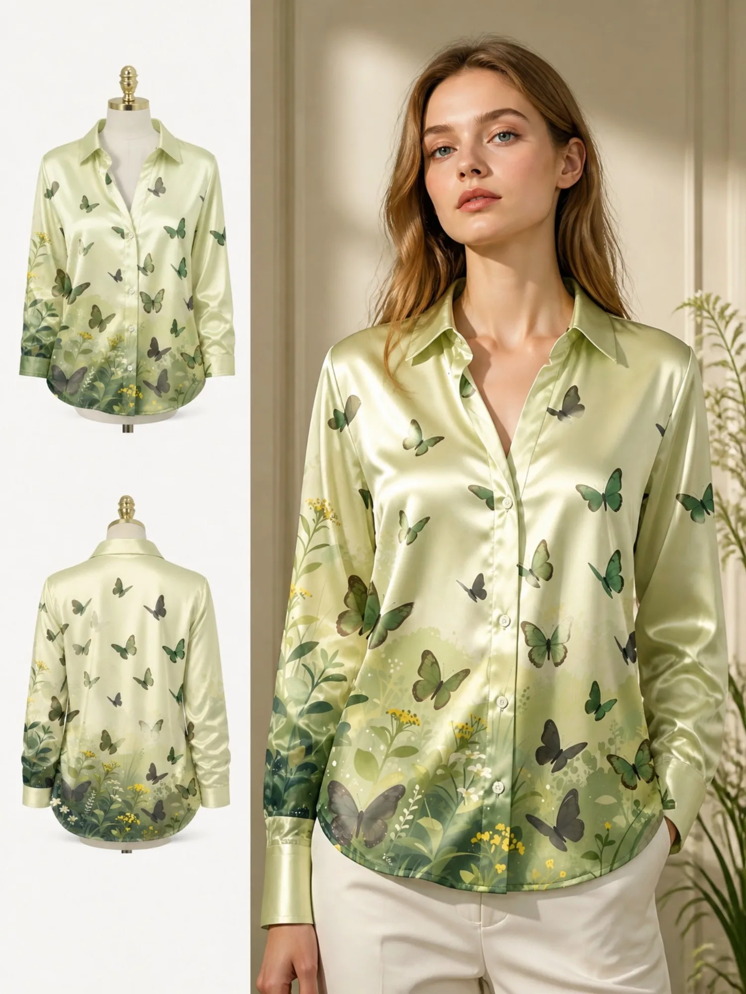 Light Green Butterfly Satin Blouse for Women Long Sleeve Button Down Shirt Garden Meadow Elegant Silky Top
Light Green Butterfly Satin Blouse for Women Long Sleeve Button Down Shirt Garden Meadow Elegant Silky Top