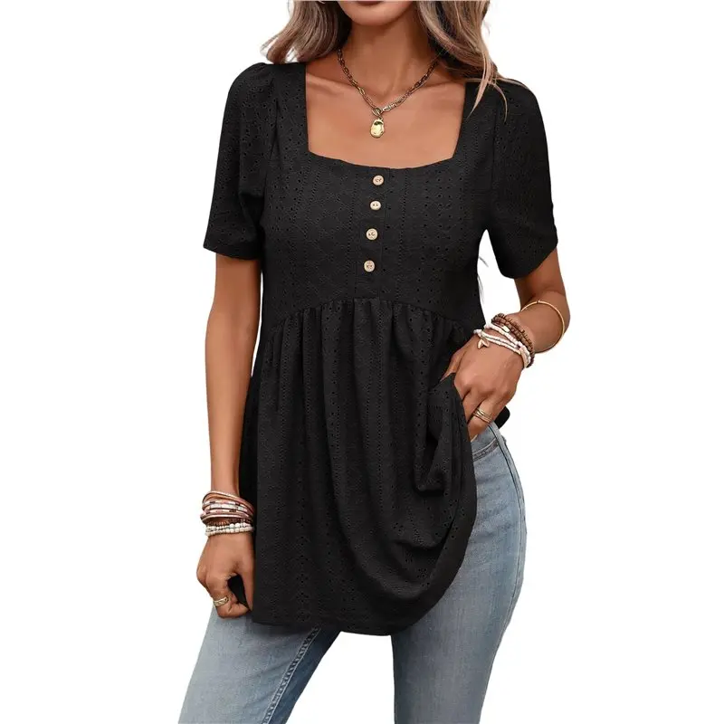 CYL-Womens Solid Color Short Sleeve Square Neck Button Front Loose Fit T Shirt Top Casual Summer Wear
CYL-Womens Solid Color Short Sleeve Square Neck Button Front Loose Fit T Shirt Top Casual Summer Wear