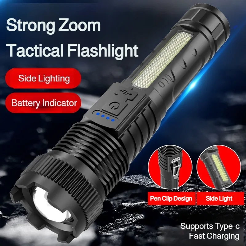 P50 Portable Hand Flashlight Telescopic Zoom High-Intensity Flashlight with Side Light Red and Blue Strobe Flash