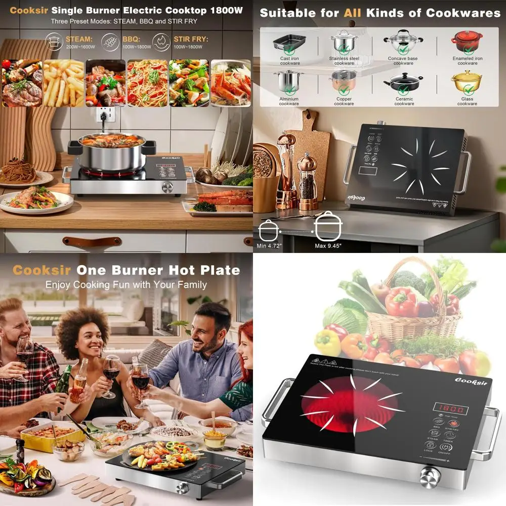 Portable 110V 1800W Electric Cooktop with Timer & Child Lock for Home, Camping, RV Use
Portable 110V 1800W Electric Cooktop with Timer & Child Lock for Home, Camping, RV Use