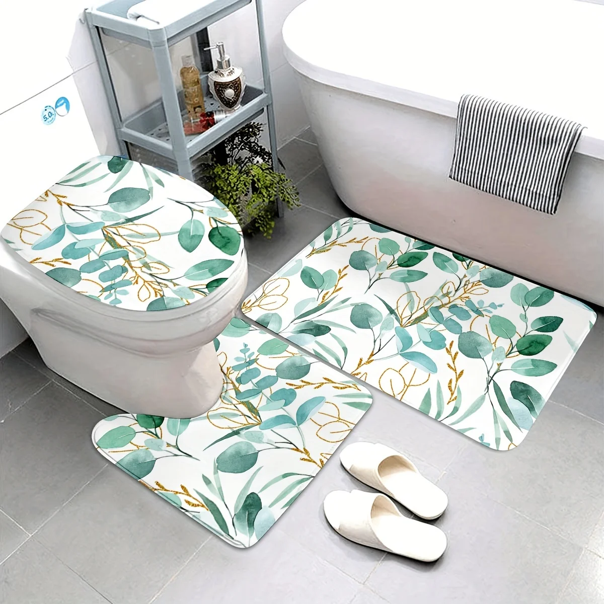 3 шт. коврик для ванной с узором эвкалипта и золотистого стержня — можно стирать в машине, полиэфирная ткань, коврик для ванной, U-образный коврик и чехол на сиденье унитаза 
3 шт. коврик для ванной с узором эвкалипта и золотистого стержня — можно стирать в машине, полиэфирная ткань, коврик для ванной, U-образный коврик и чехол на сиденье унитаза