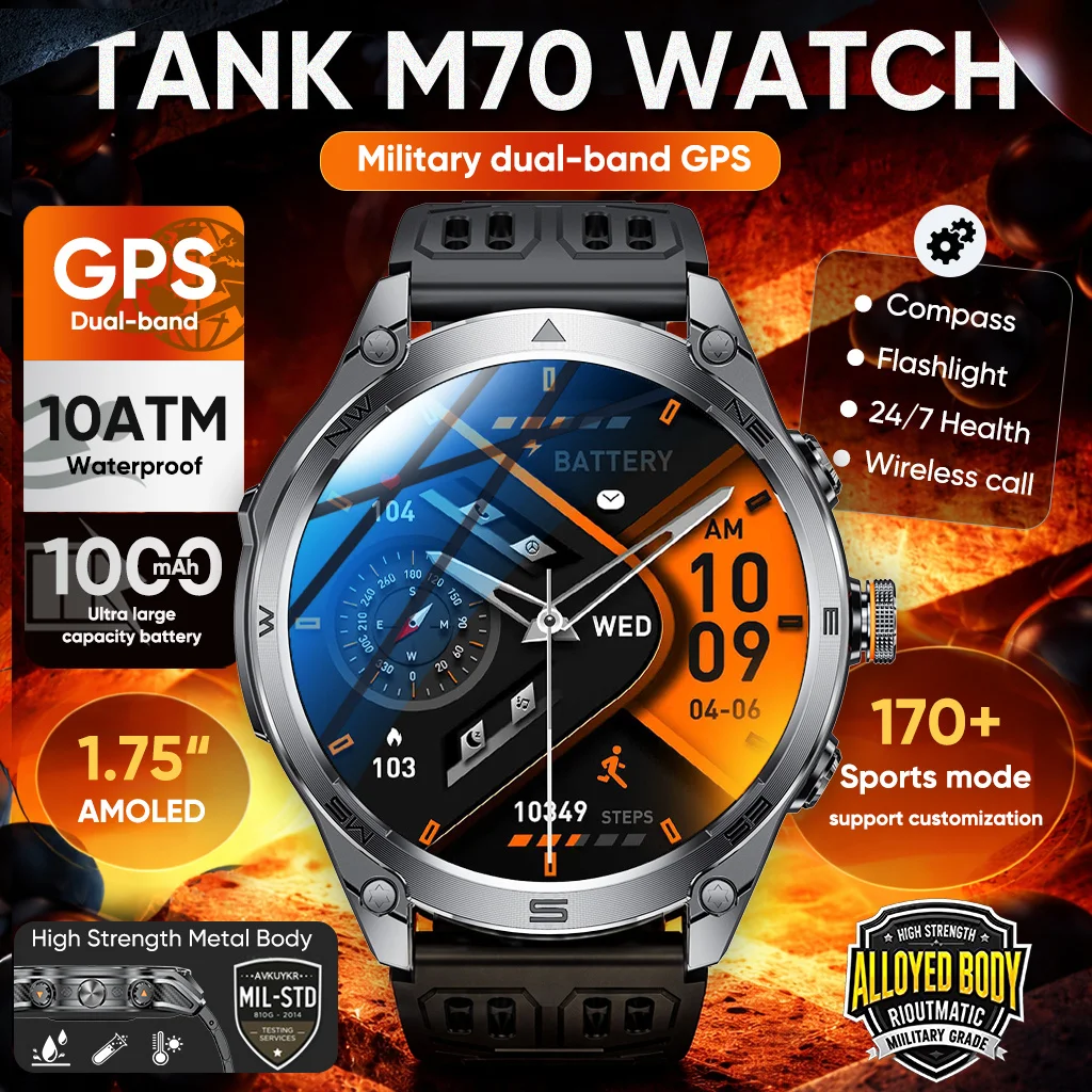TANK M70 Military GPS Smart Watch 1.75" AMOLED 10ATM Waterproof Compass Heart Rate Flashlight Call 170+Sports 1000mAh Smartwatch
TANK M70 Military GPS Smart Watch 1.75" AMOLED 10ATM Waterproof Compass Heart Rate Flashlight Call 170+Sports 1000mAh Smartwatch