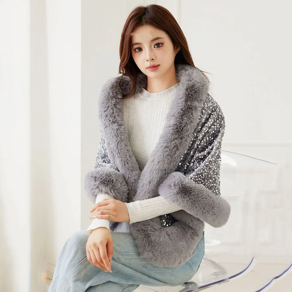Autumn Winter Women Elegant Poncho Jacket Fashion Sequin Cardigan Shawl Coat Ladies Fur Collar Bat Sleeve Short Cloak Party Cape
Autumn Winter Women Elegant Poncho Jacket Fashion Sequin Cardigan Shawl Coat Ladies Fur Collar Bat Sleeve Short Cloak Party Cape