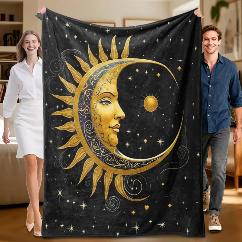 1 piece solar and lunar theme black and gold flannel blanket, soft, suitable for sofa, bed, office, all-season use.
1 piece solar and lunar theme black and gold flannel blanket, soft, suitable for sofa, bed, office, all-season use.