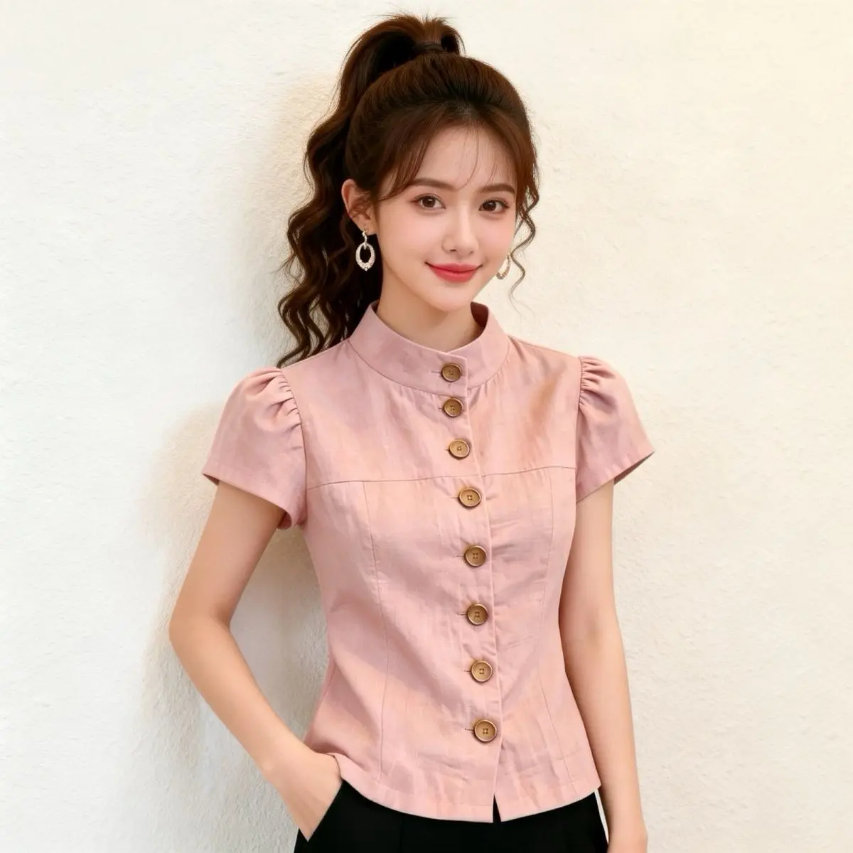 Slimming Vintage Style Stand Collar Short Sleeve Single Button Women's Shirt Waist Cinching Bubble Sleeve Top Summer New Arrival
Slimming Vintage Style Stand Collar Short Sleeve Single Button Women's Shirt Waist Cinching Bubble Sleeve Top Summer New Arrival