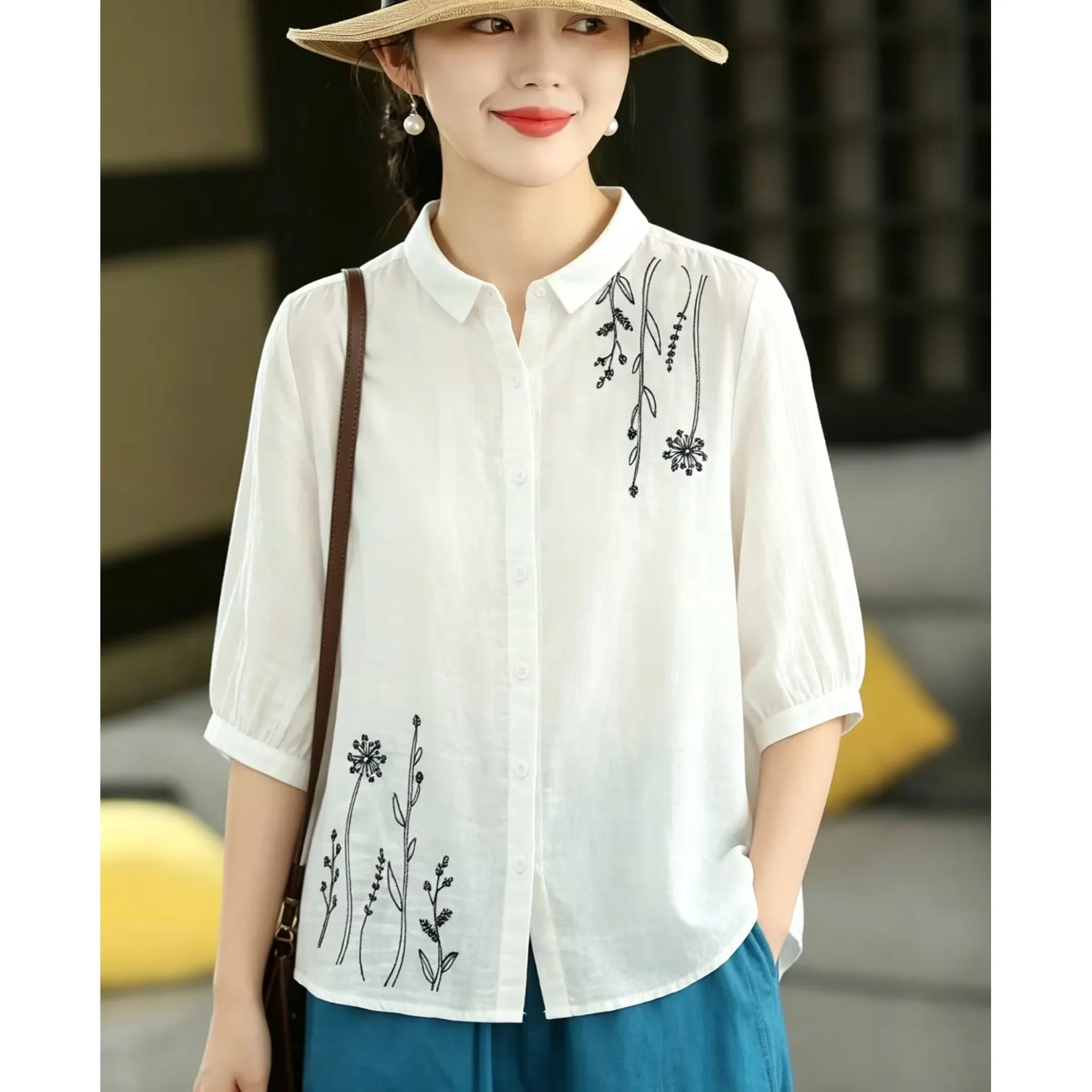 Ladies Large Size Embroidered Casual Shirt Breathable Fashionable Summer New Style Artistic Cotton Blend Button up Top
Ladies Large Size Embroidered Casual Shirt Breathable Fashionable Summer New Style Artistic Cotton Blend Button up Top