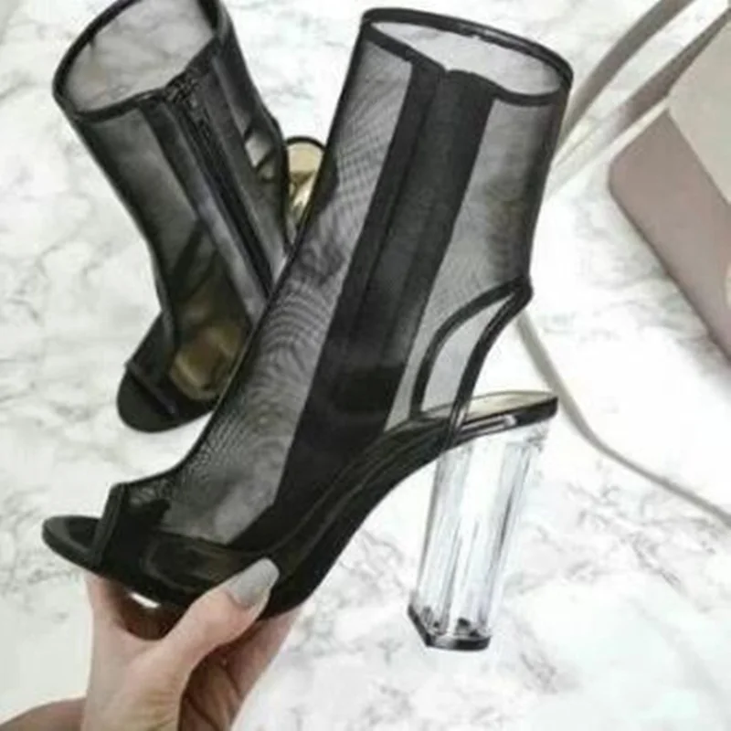 Sexy Black Mesh Chunky High Heel Booties Peep Toe Back Cut Out See Through Women Shoes Transparent Square Heels Runway Boots
Sexy Black Mesh Chunky High Heel Booties Peep Toe Back Cut Out See Through Women Shoes Transparent Square Heels Runway Boots